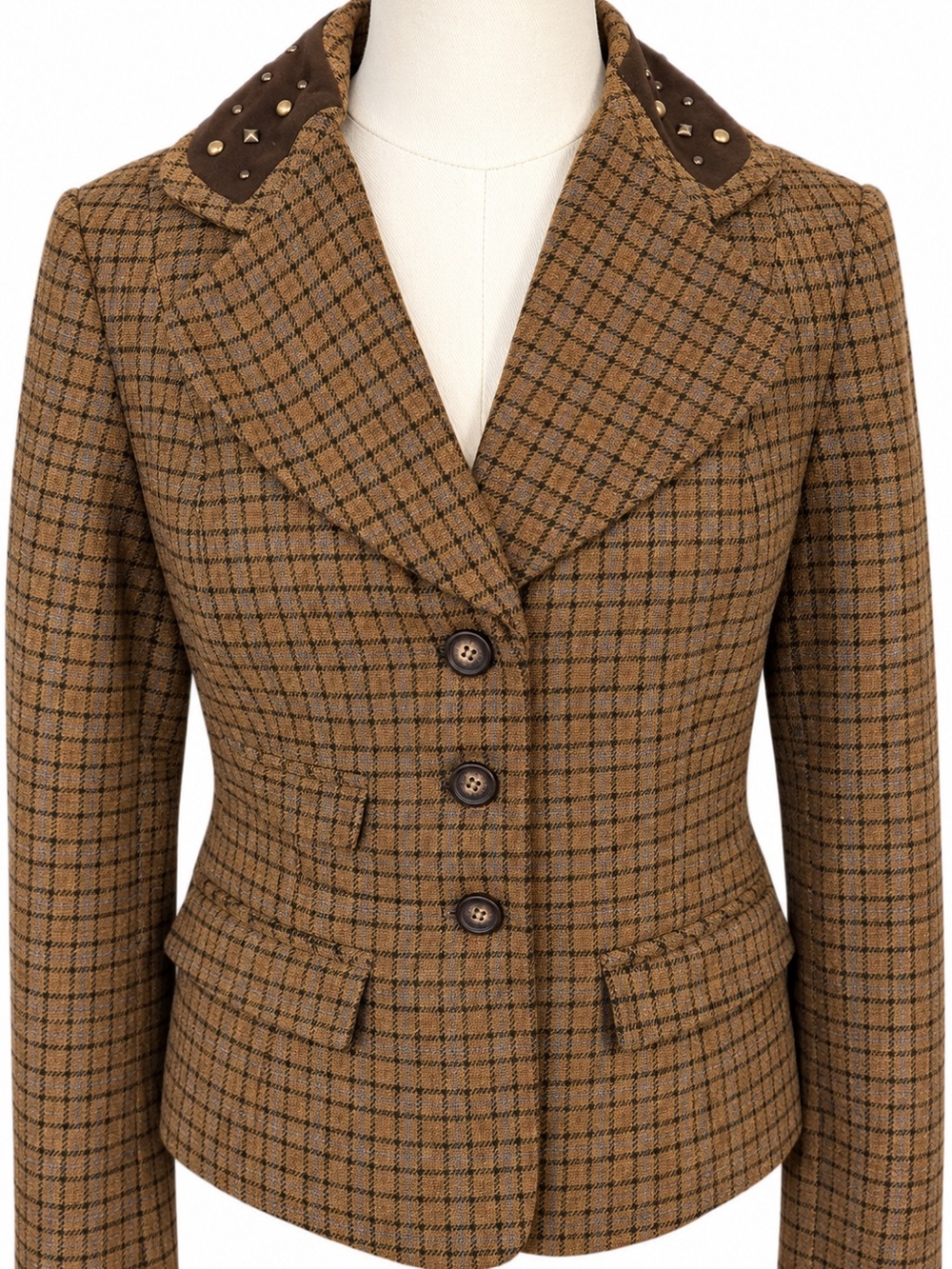 Sundance Brown Wool Plaid Tailored Blazer with Stud-Trim Collar
